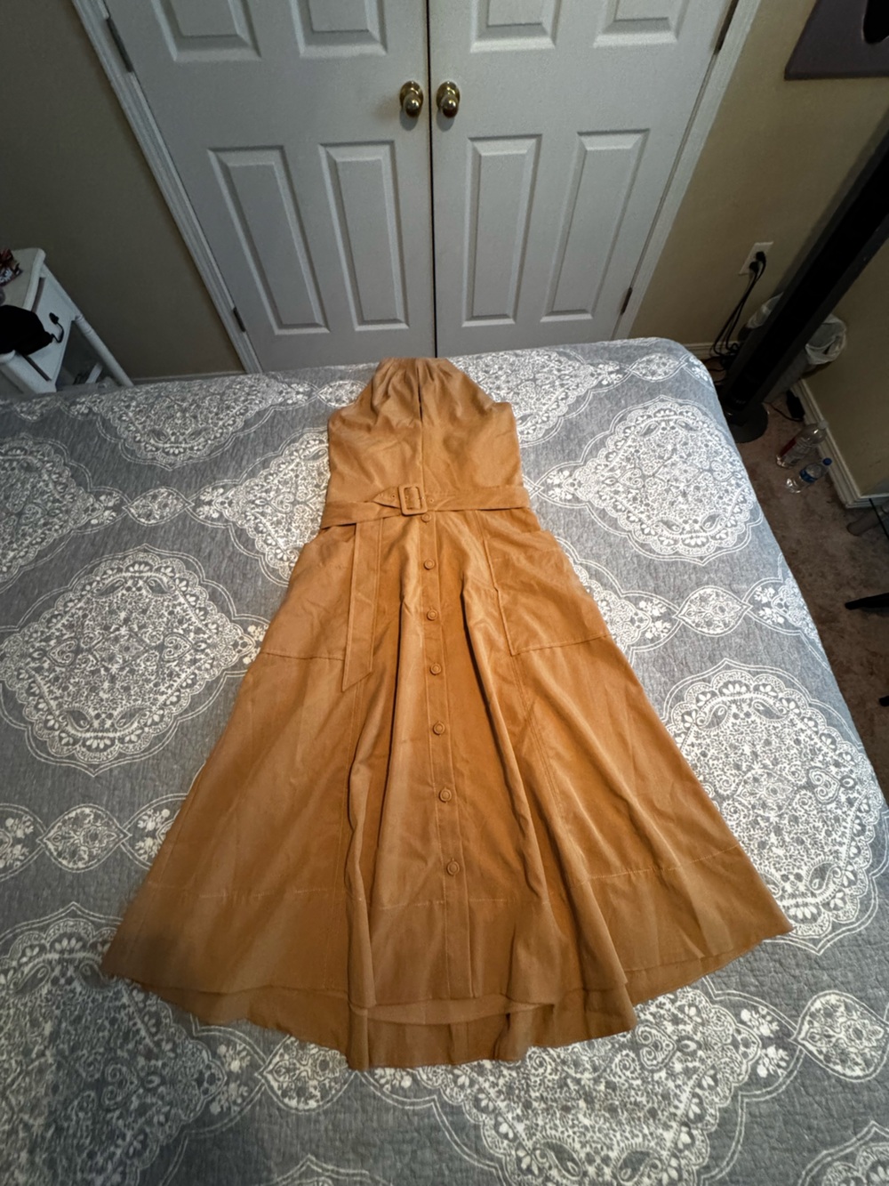 White House Black Market Camel Button-Front Midi Dress with Waist Belt